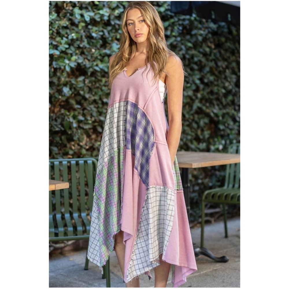 Blue Velvet S/M Plaid Patchwork Midi Dress in Pink and Purple